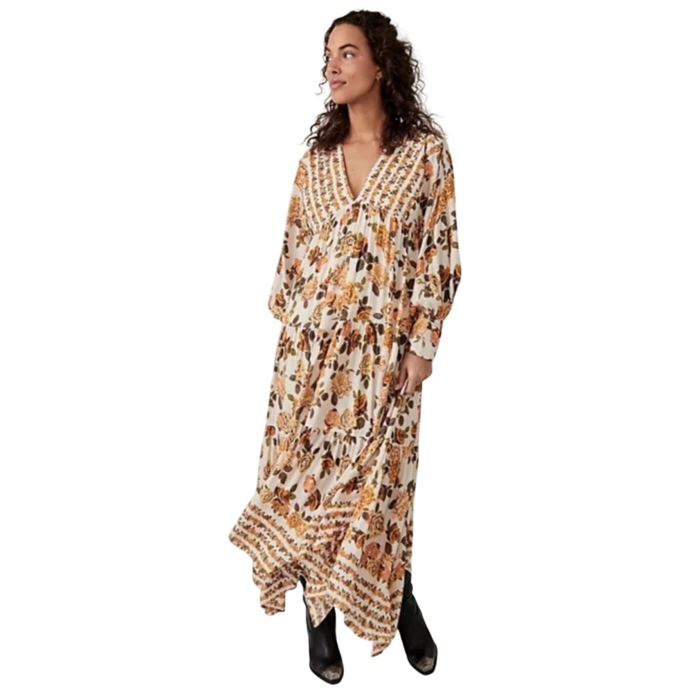 Free People Floral Maxi Dress - Cream and Brown